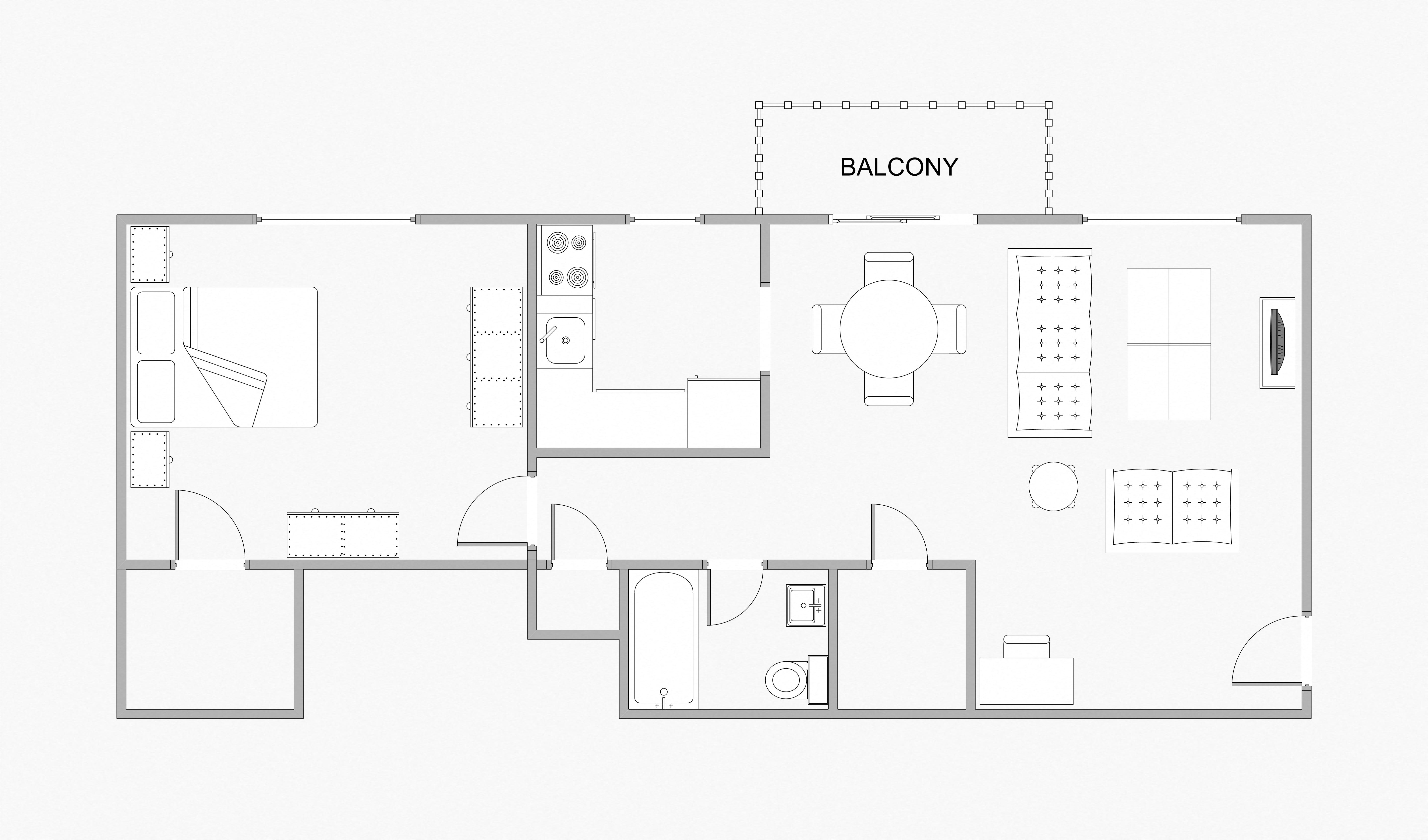 Floor plan for 1 bed, 1 bath, 717 sqft